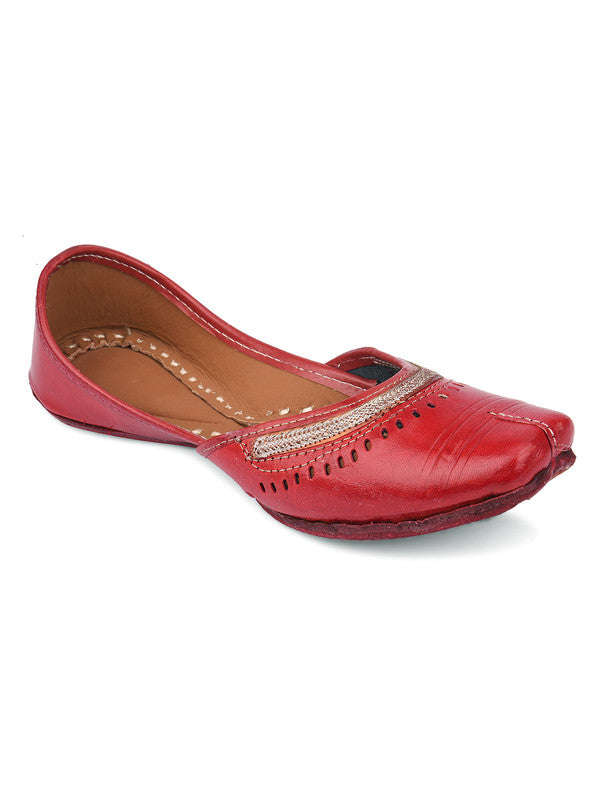 Women's Red Leather Embroidered Indian Handcrafted Ethnic Footwear - Desi Colour