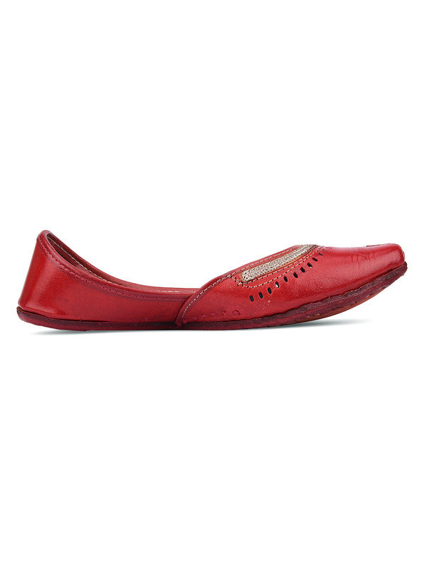 Women's Red Leather Embroidered Indian Handcrafted Ethnic Footwear - Desi Colour