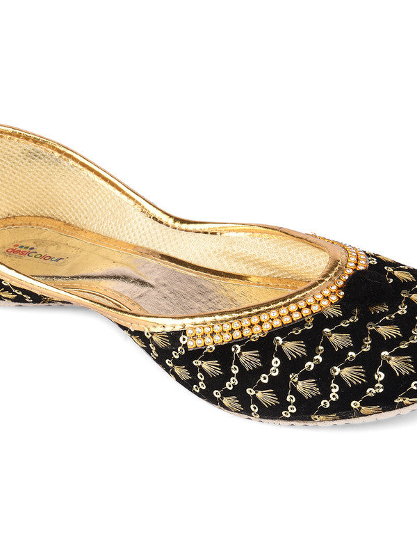 Women's Black Velvet Star Womens Indian Ethnic Comfort Footwear - Desi Colour
