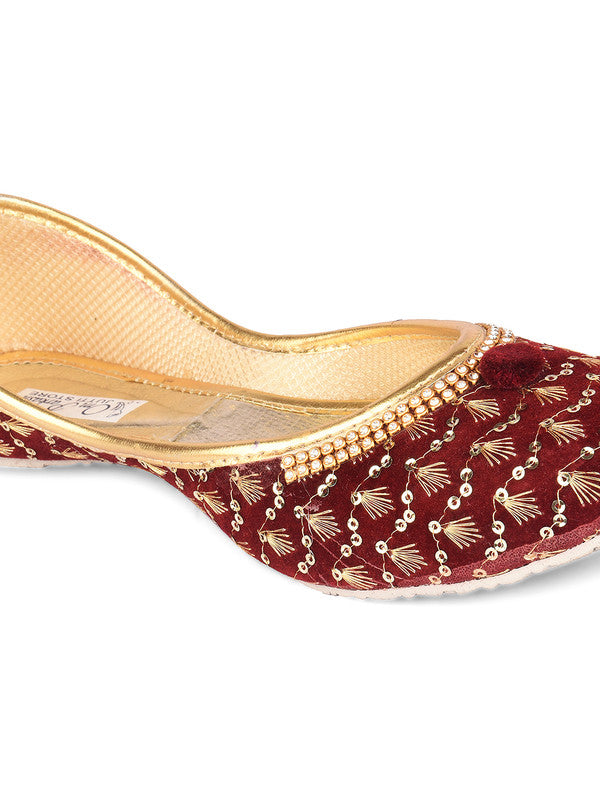 Women's Maroon Velvet Star Womens Indian Ethnic Comfort Footwear - Desi Colour