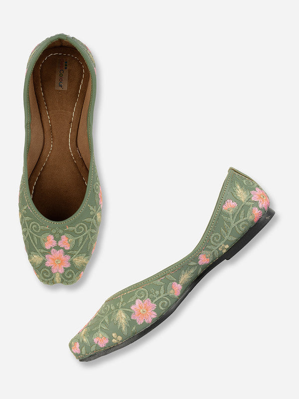 Women's Green Florals Indian Ethnic Comfort Footwear - Desi Colour