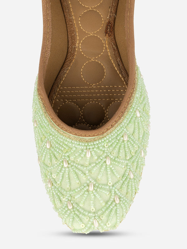 Women's Sea Green Hand Embroidered Indian Handcrafted Ethnic Comfort Footwear - Desi Colour