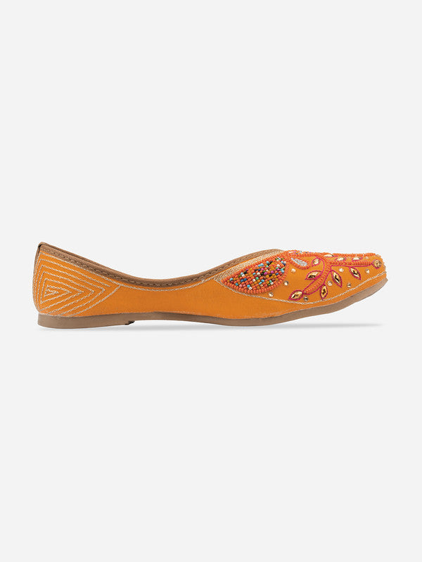Women's Orange Hand Embroidered Indian Handcrafted Ethnic Comfort Footwear - Desi Colour