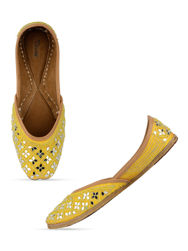 Women's Yellow Mirror Work Leather Embroidered Indian Handcrafted Ethnic Comfort Footwear - Desi Colour