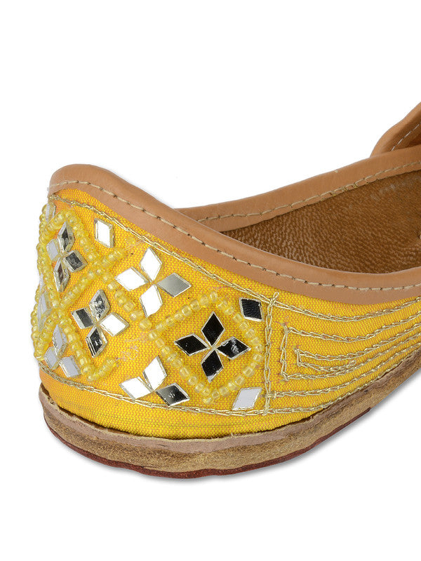 Women's Yellow Mirror Work Leather Embroidered Indian Handcrafted Ethnic Comfort Footwear - Desi Colour