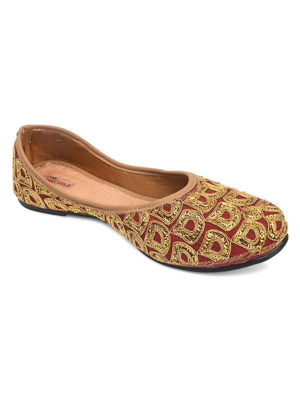 Women's Maroon Embroidered Indian Handcrafted Ethnic Comfort Footwear - Desi Colour