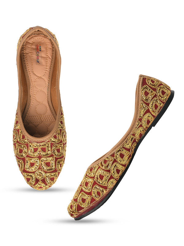 Women's Maroon Embroidered Indian Handcrafted Ethnic Comfort Footwear - Desi Colour