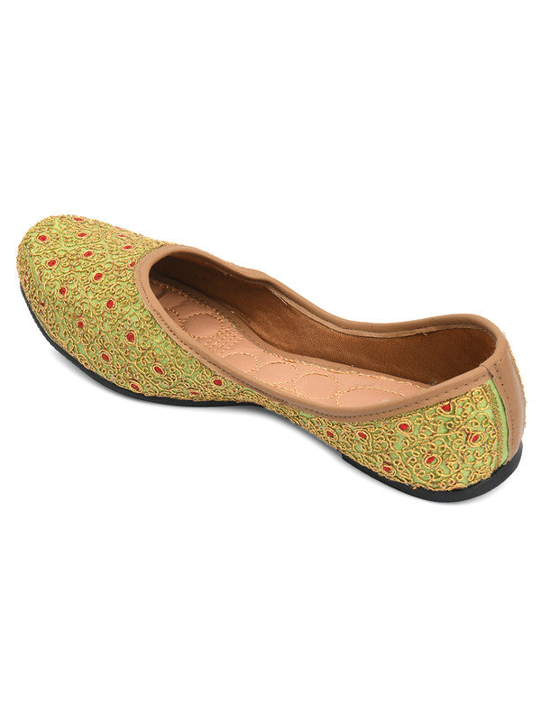 Women's Green Embroidered Indian Handcrafted Ethnic Comfort Footwear - Desi Colour