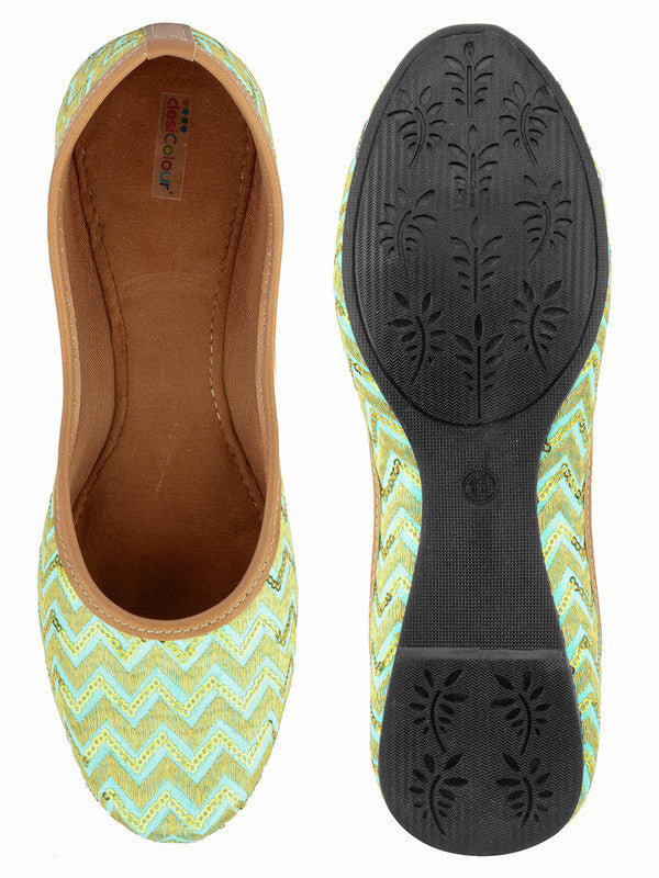 Women's Sea Green Chevron Indian Ethnic Comfort Footwear - Desi Colour