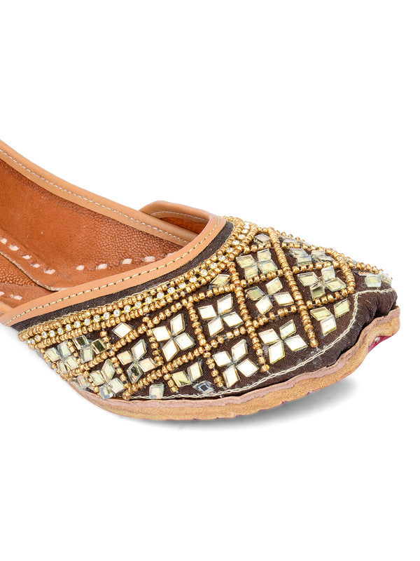Women's Copper Mirror Work Leather Embroidered Indian Handcrafted Ethnic Comfort Footwear - Desi Colour