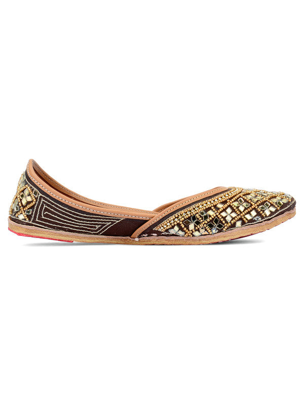Women's Copper Mirror Work Leather Embroidered Indian Handcrafted Ethnic Comfort Footwear - Desi Colour