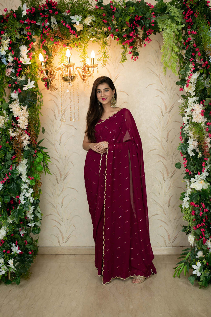Women's Burgandy Saree with Blouse piece