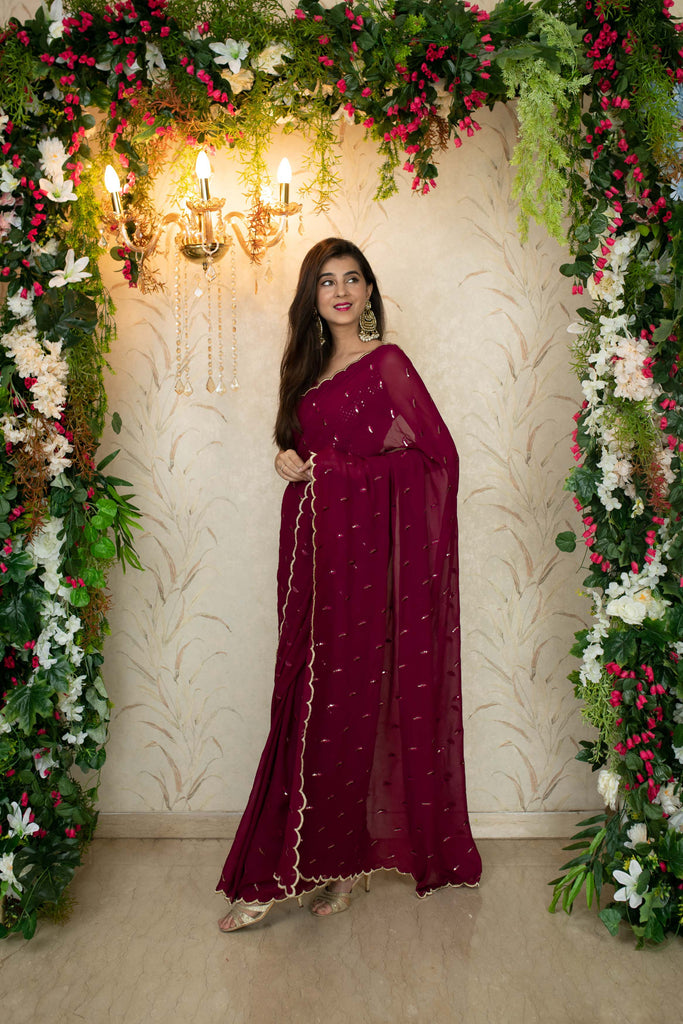 Women's Burgandy Saree with Blouse piece