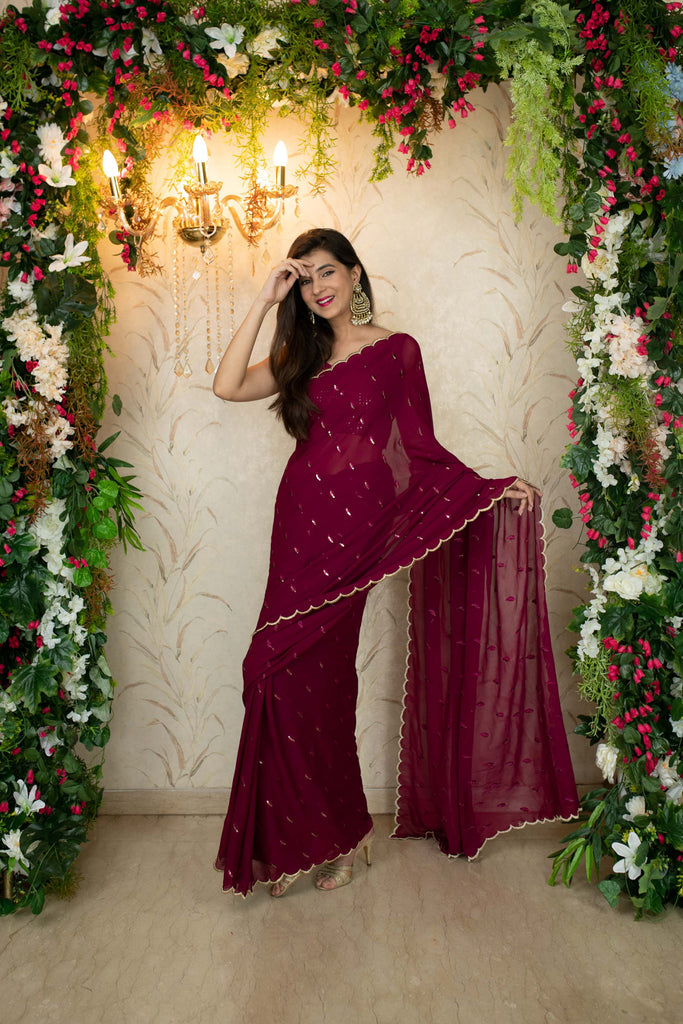 Women's Burgandy Saree with Blouse piece