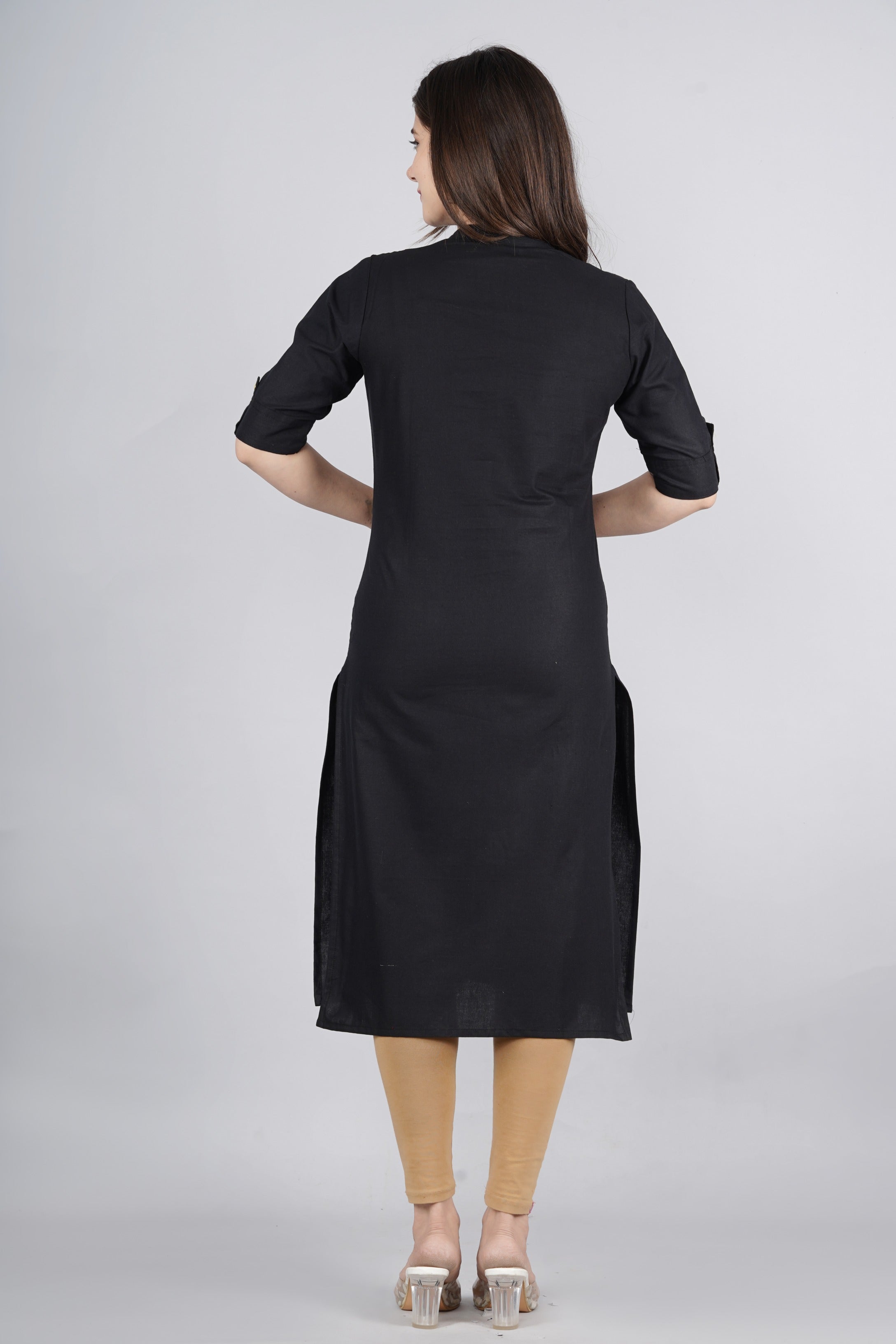 Women's Solid Cotton Fabric Kurta'S Black Color - Kipek