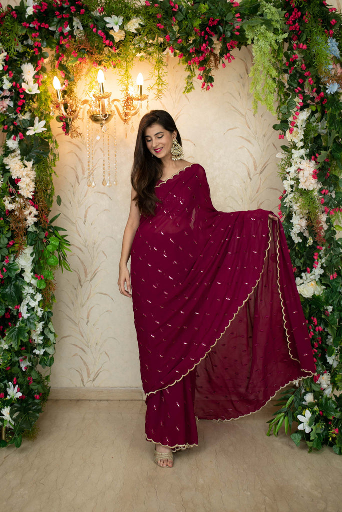 Women's Burgandy Saree with Blouse piece