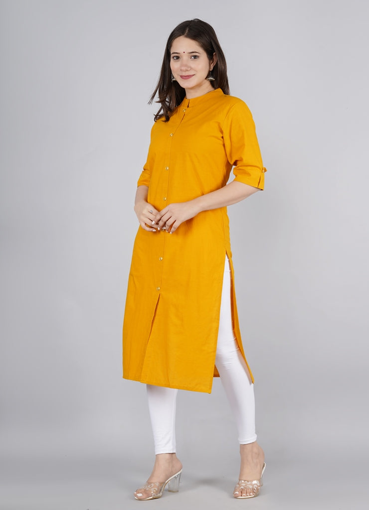 Women's Solid Cotton Fabric Kurta'S Mustard Color - Kipek