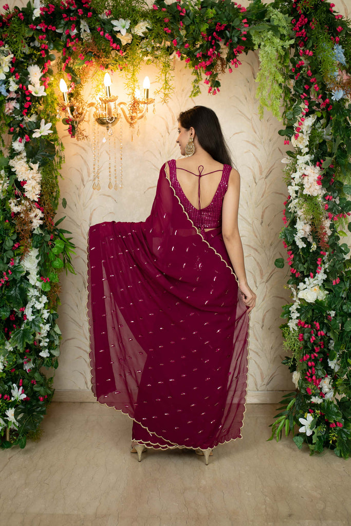 Women's Burgandy Saree with Blouse piece