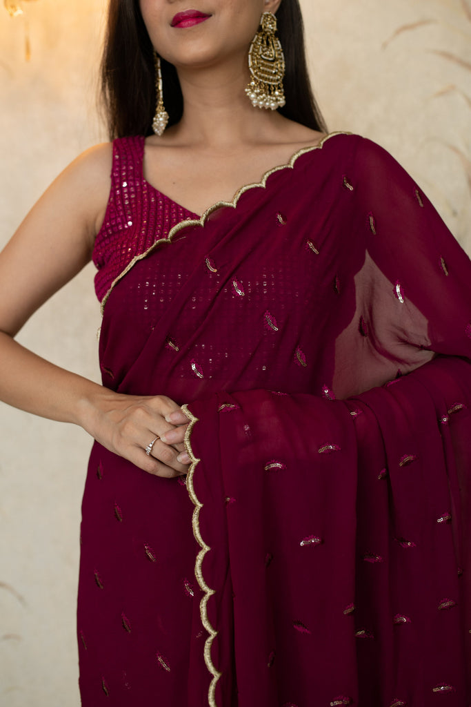 Women's Burgandy Saree with Blouse piece