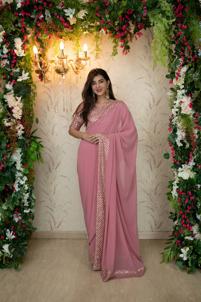 Women's Dusty Pink Saree with Heavy Sequin Border