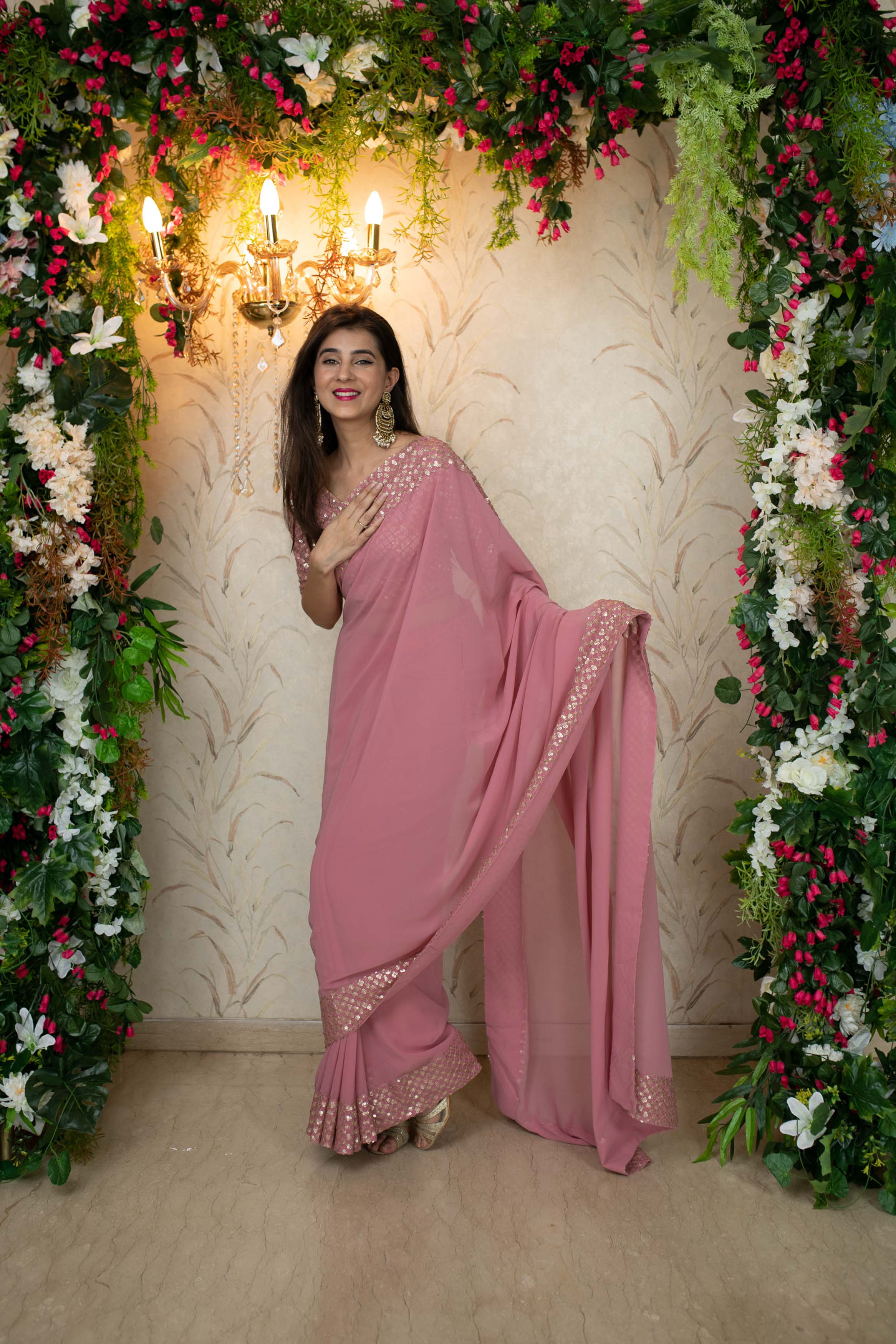 Women's Dusty Pink Saree with Heavy Sequin Border - Label Shaurya Sanadhya