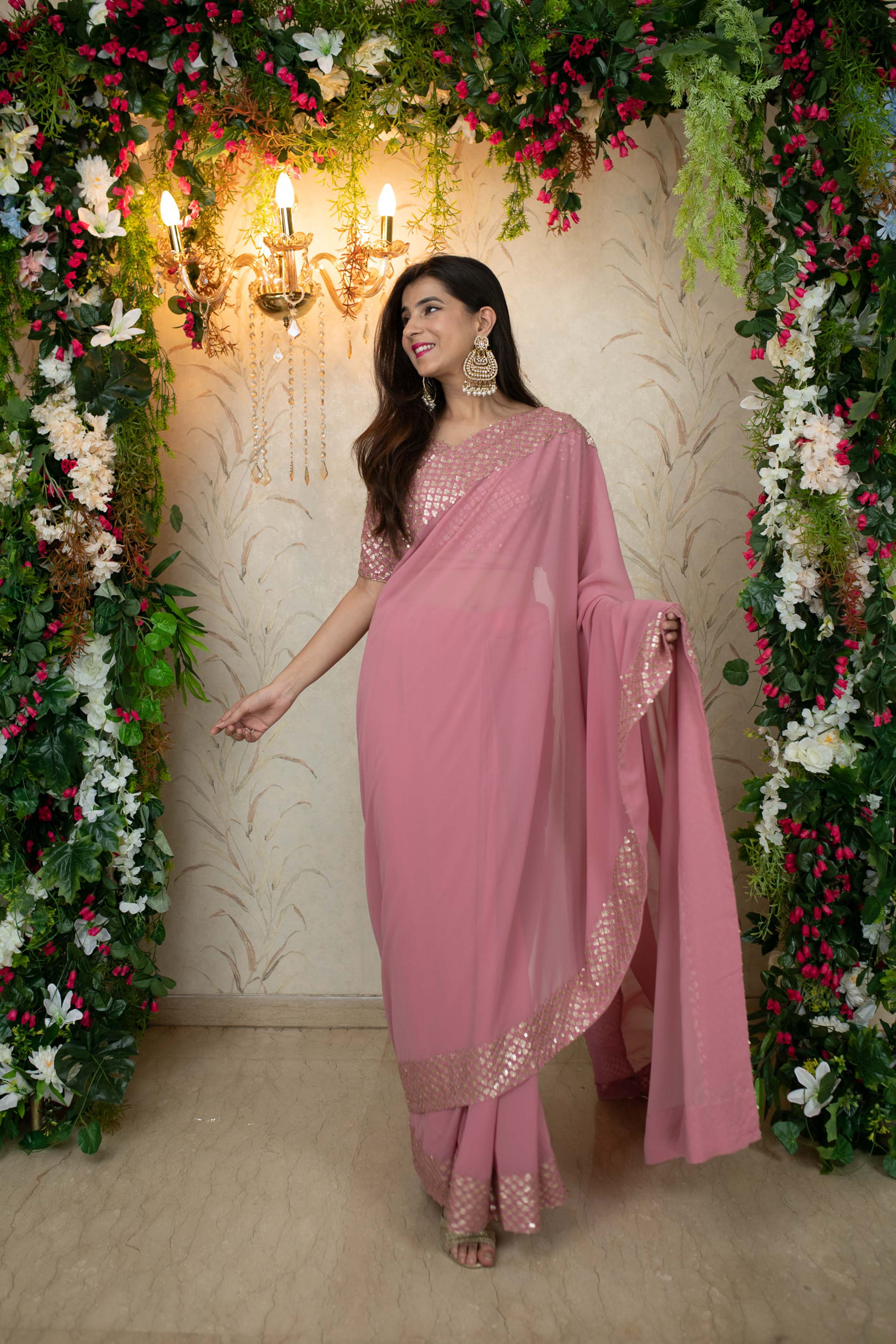 Women's Dusty Pink Saree with Heavy Sequin Border - Label Shaurya Sanadhya