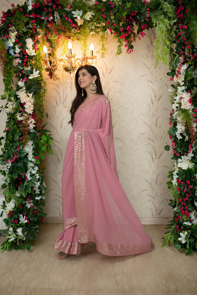 Women's Dusty Pink Saree with Heavy Sequin Border