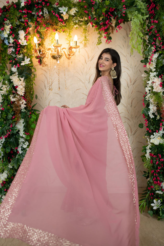 Women's Dusty Pink Saree with Heavy Sequin Border