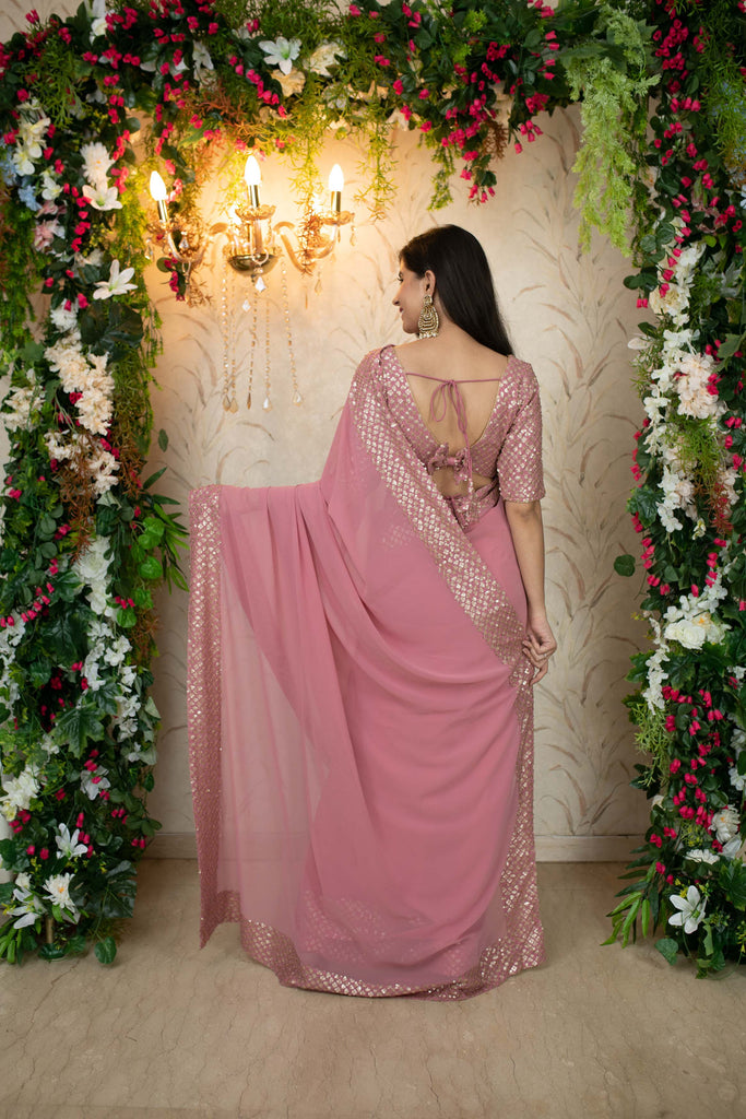 Women's Dusty Pink Saree with Heavy Sequin Border