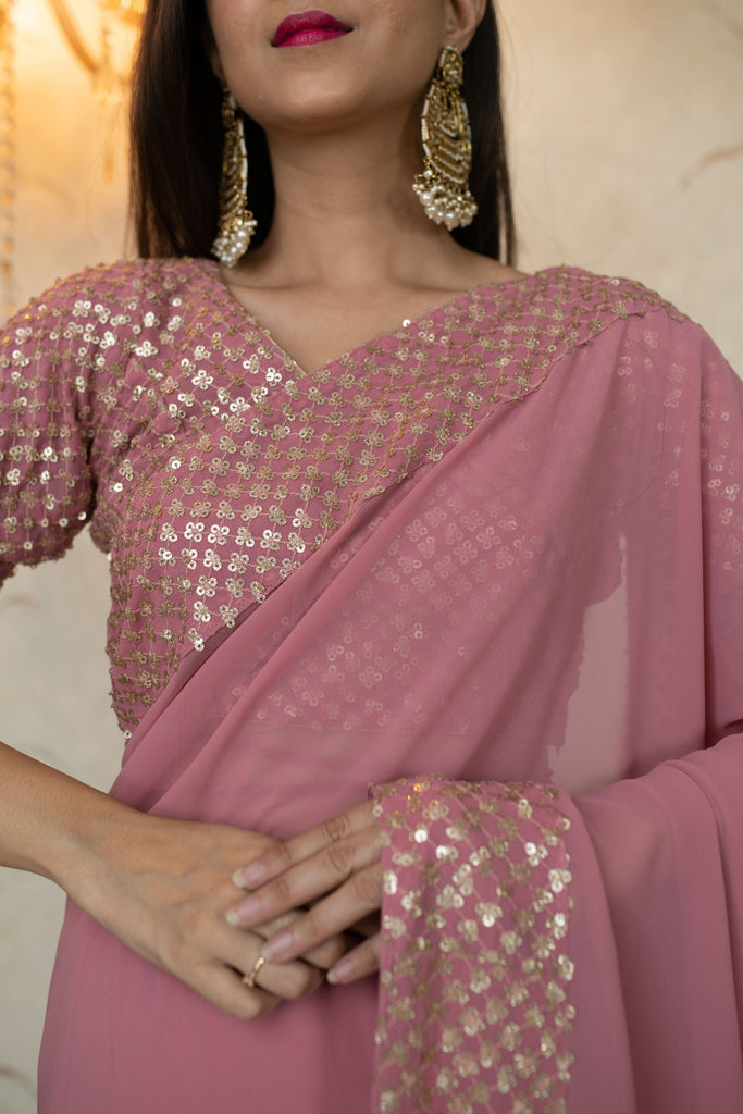 Women's Dusty Pink Saree with Heavy Sequin Border