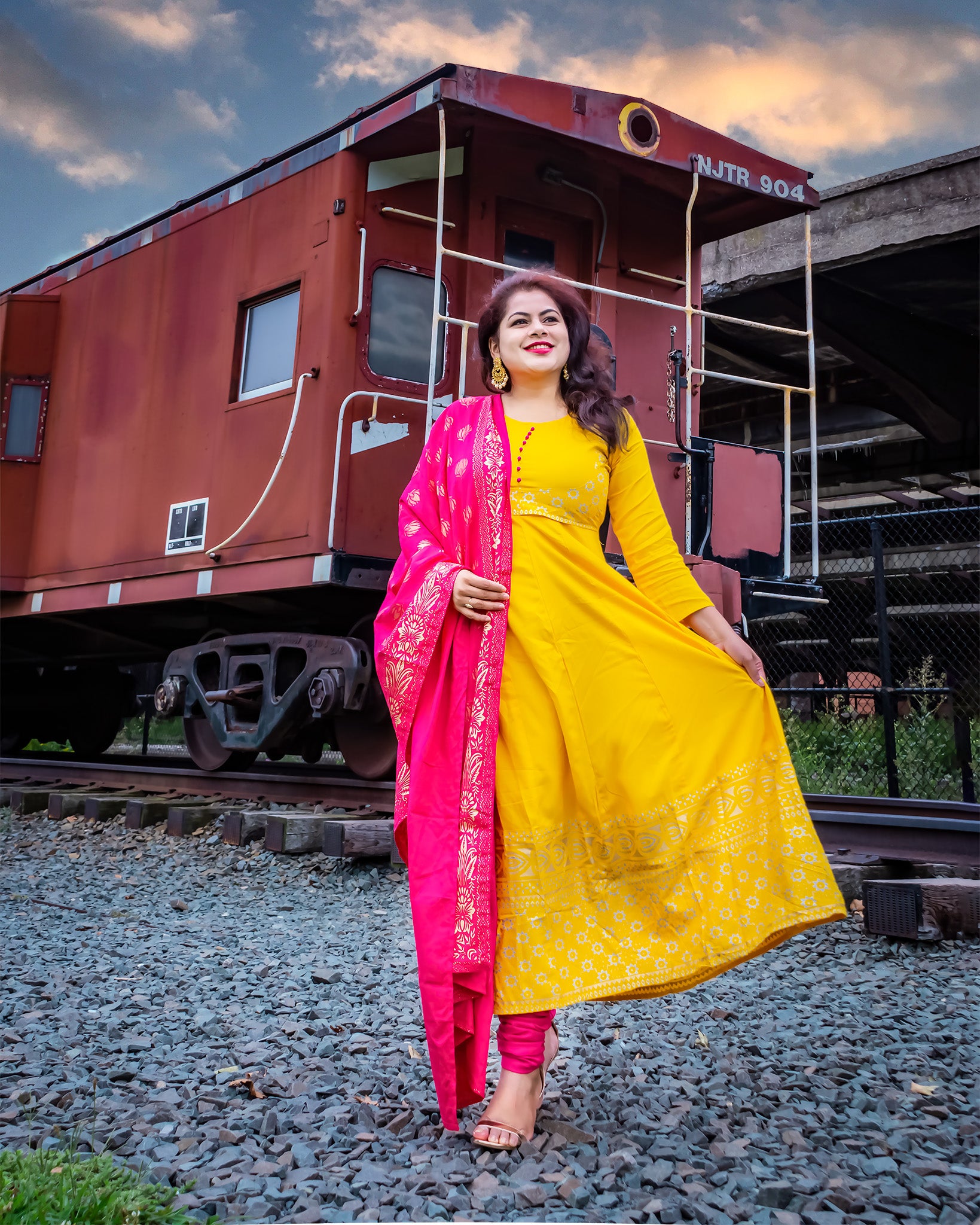 Women Yellow Anarkali with pink banarasi dupatta by MANOHARA (Set of 2)