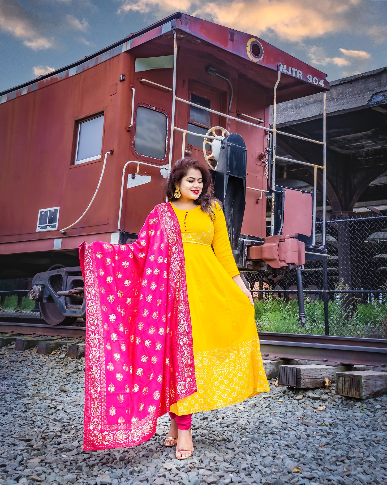 Women Yellow Anarkali with pink banarasi dupatta by MANOHARA (Set of 2)