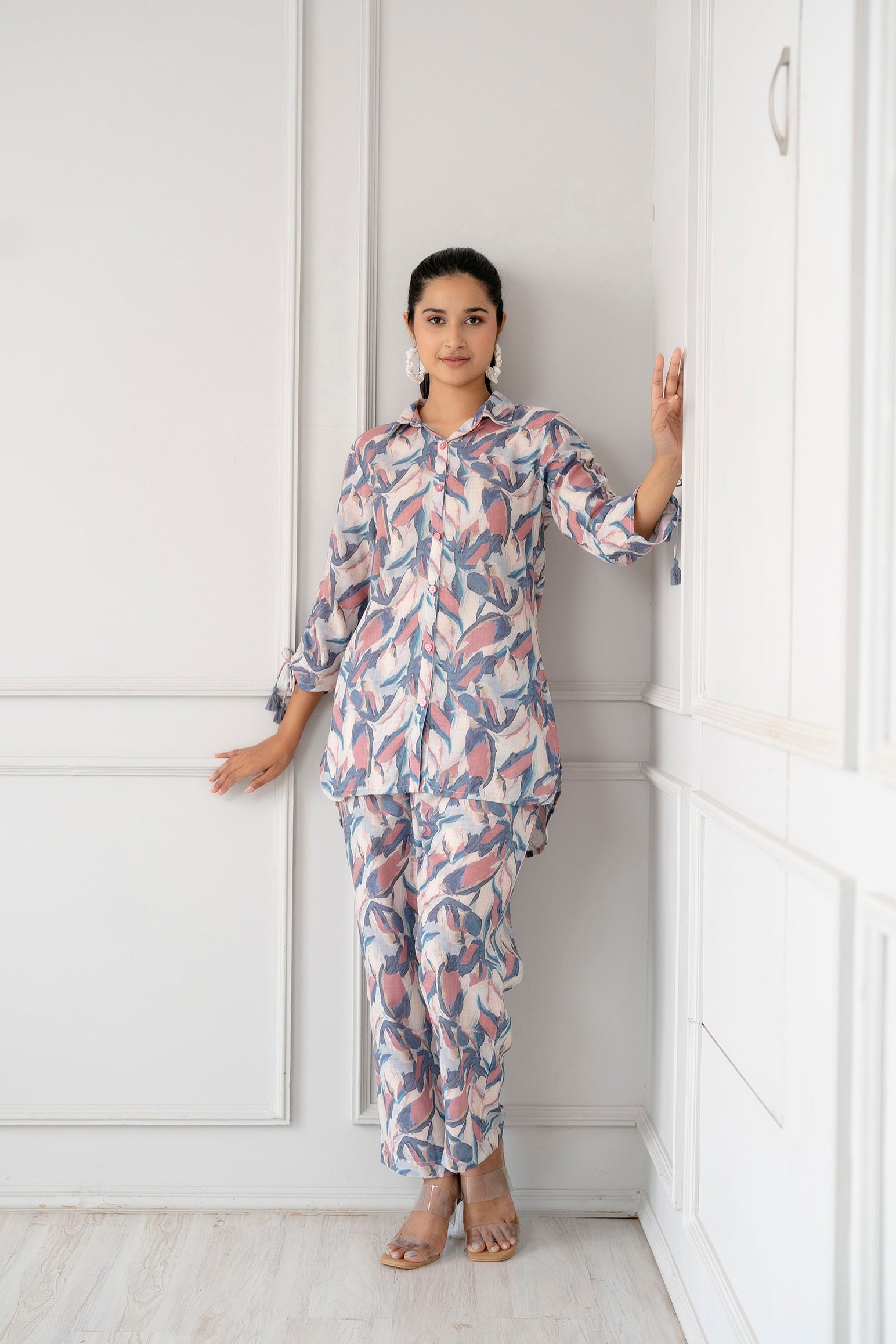 Women's Comfort Wear Floral Printed Linen Co-Ord Set(Blue) - Vasvi