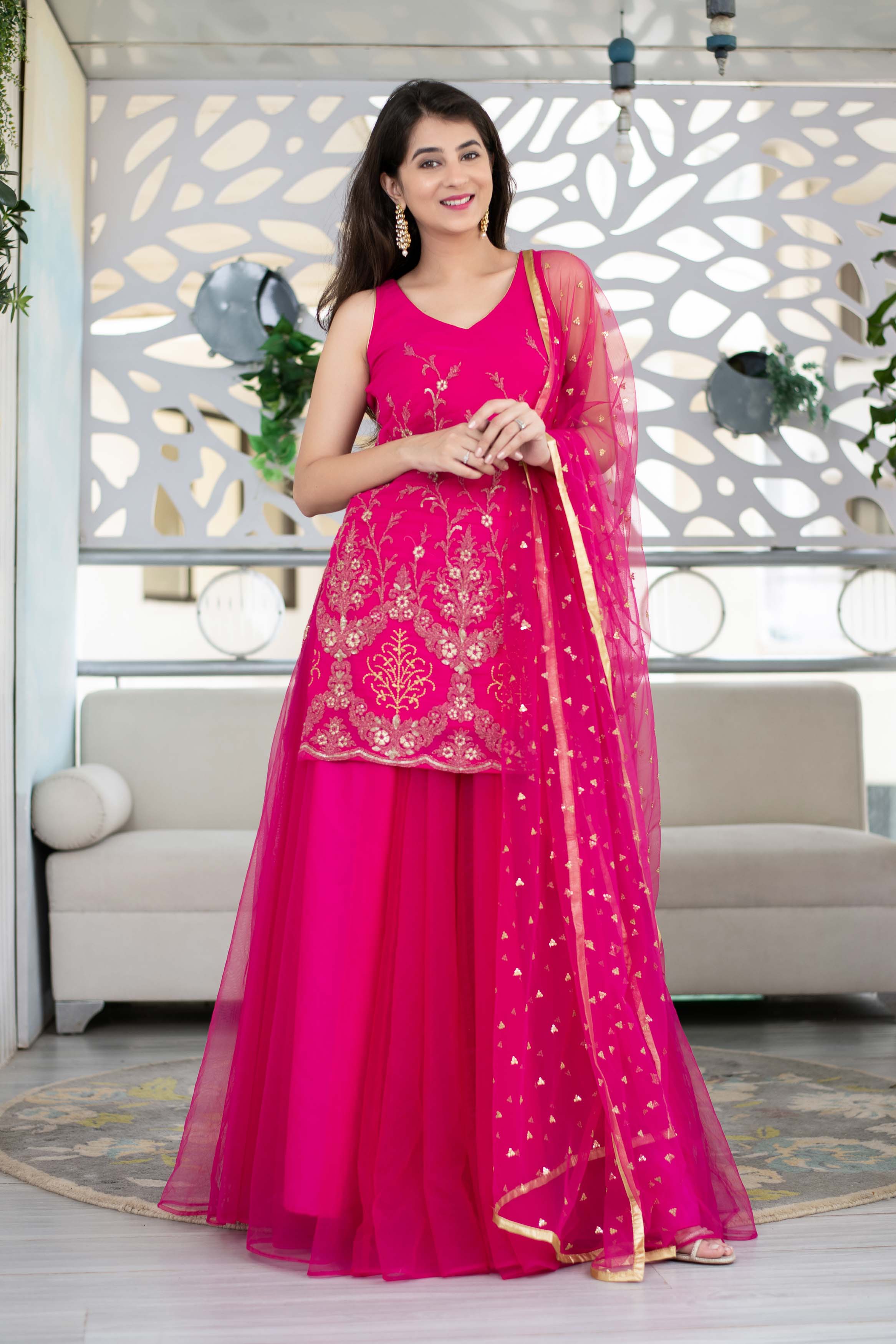 Women's Pink Georgette Heavy Work Kurta With Long Skirt And Net Dupatta (3pc Set)