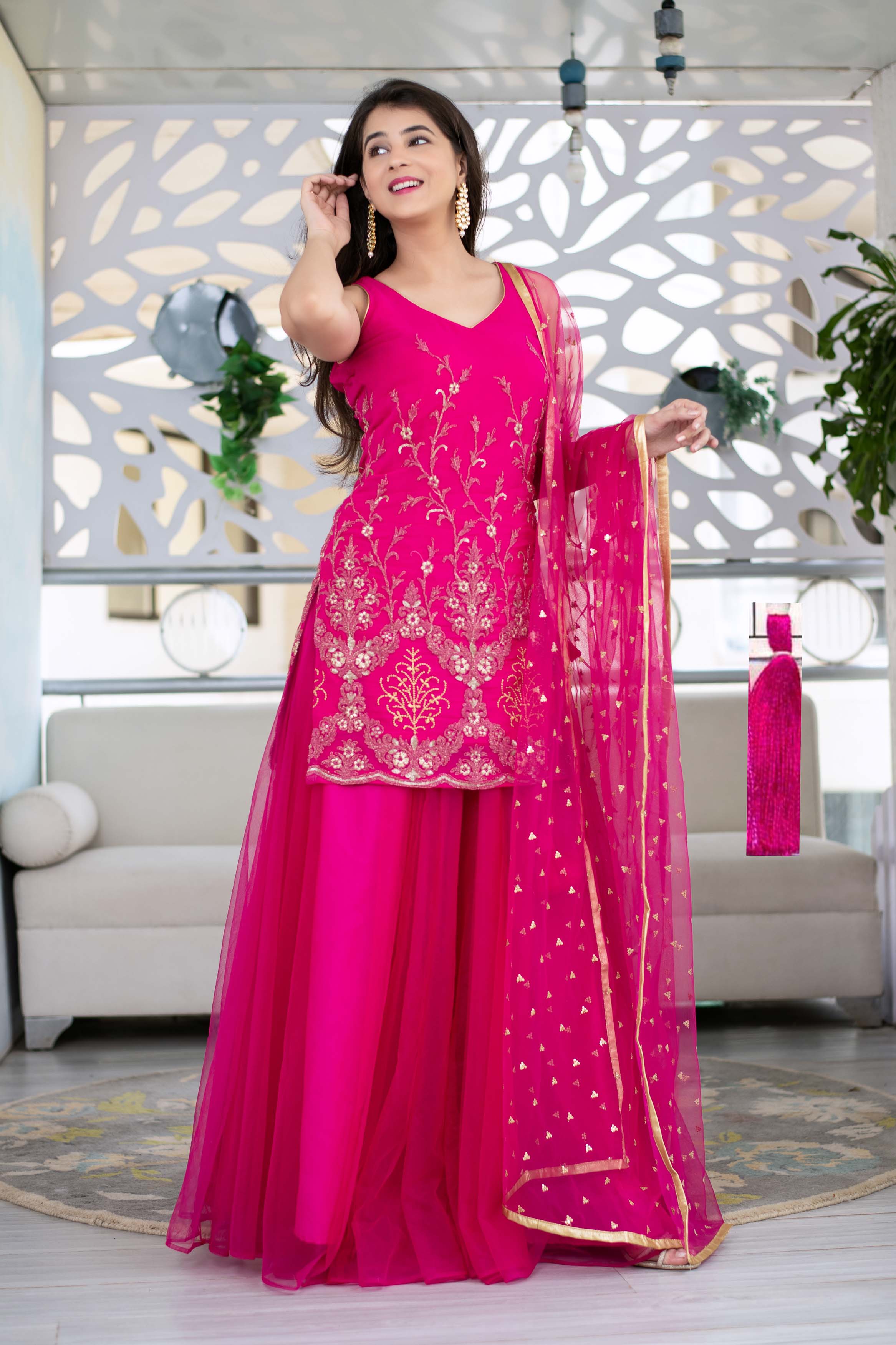 Women's Pink Georgette Heavy Work Kurta With Long Skirt And Net Dupatta (3pc Set) - Label Shaurya Sanadhya