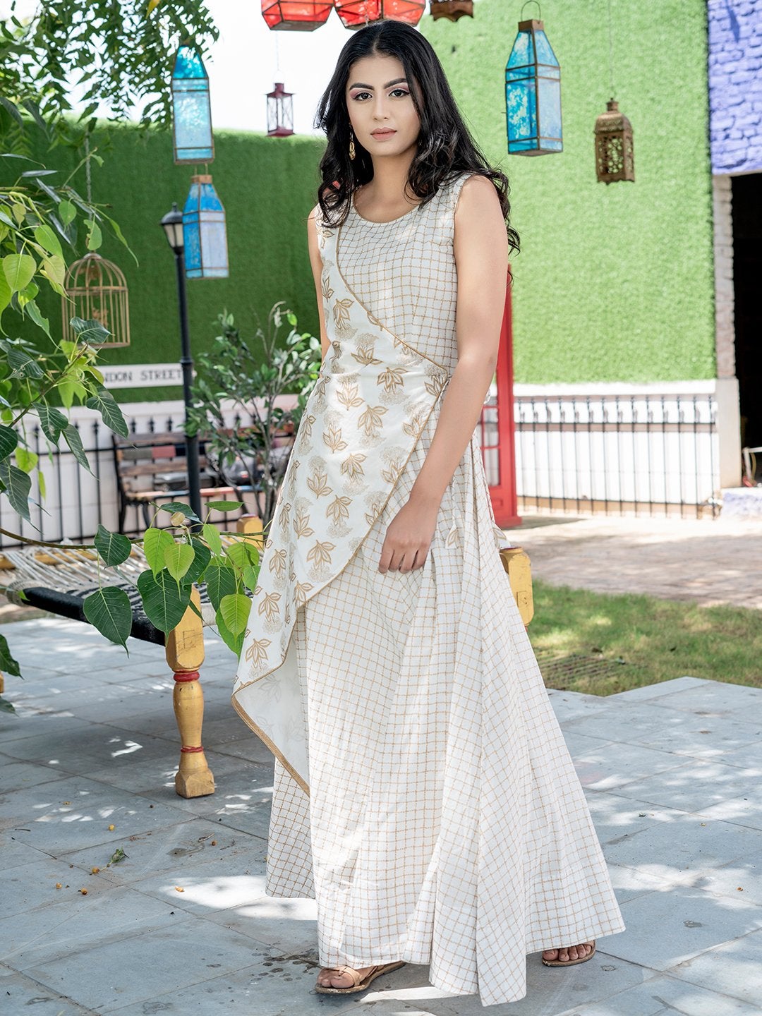 Women's White and Beige Floral Printed Wrap Kurta(1pc) - Indian Virasat