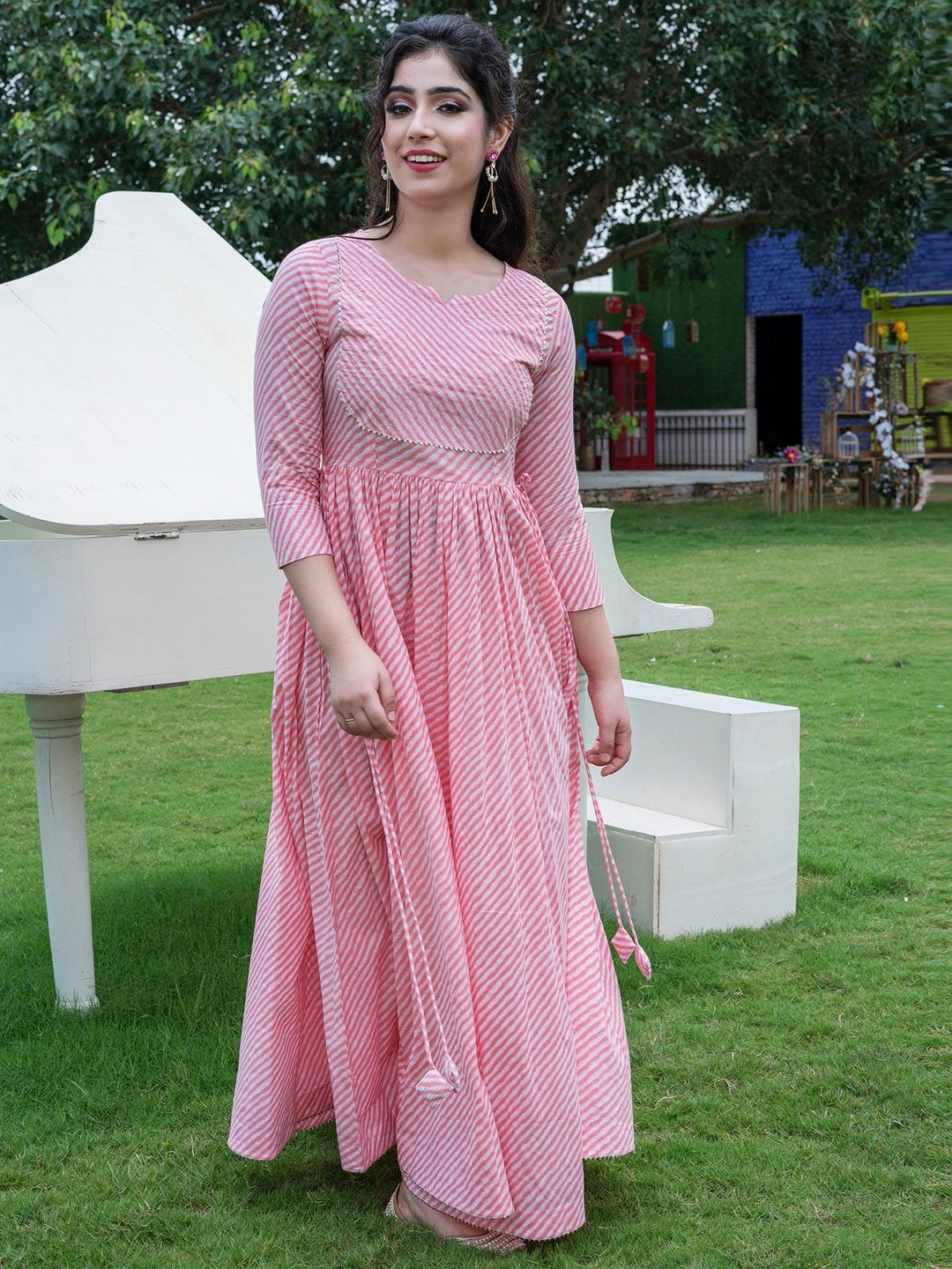 Women's Pink Striped Maxi Kurta(1pc) - Indian Virasat