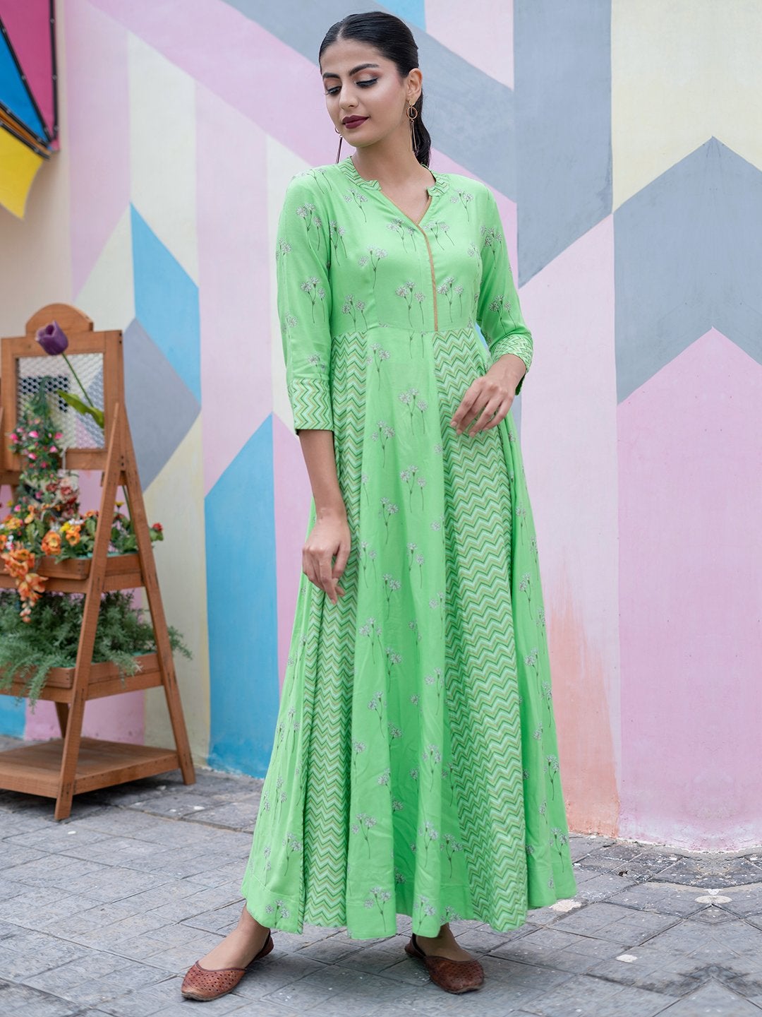 Women's Green Printed Kurta(1pc) - Indian Virasat