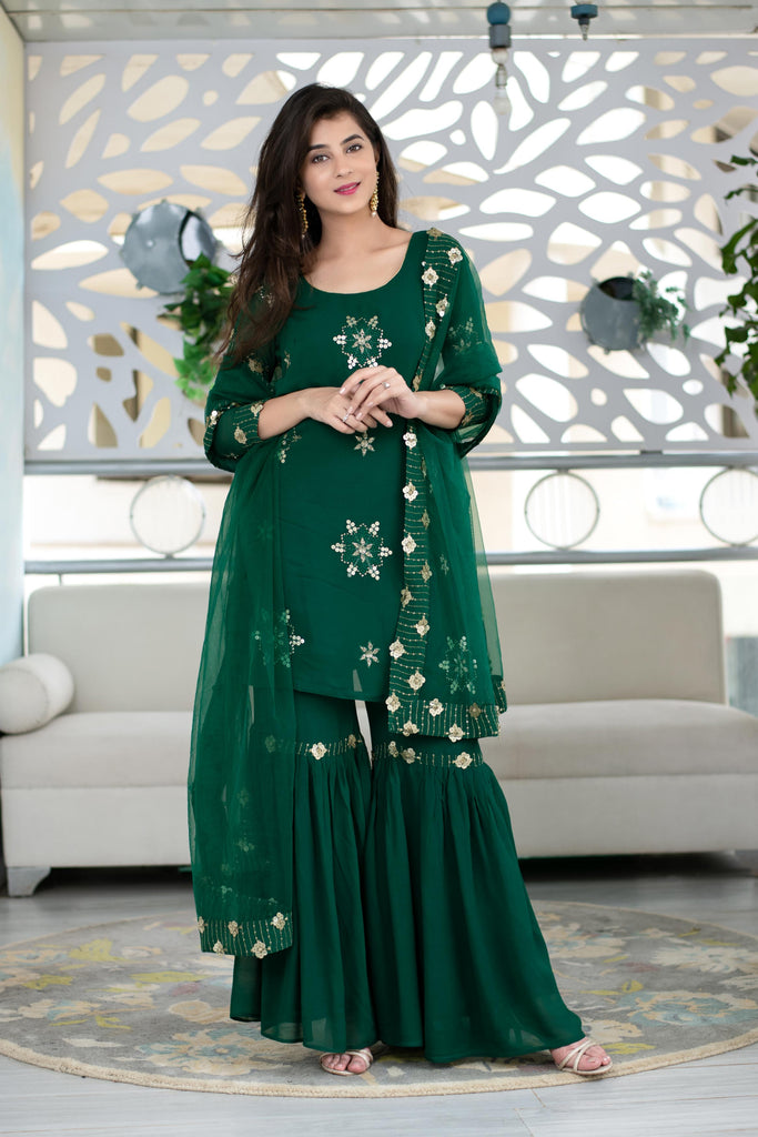Women's Green Georgette Sharara Suit Set With Net Dupatta