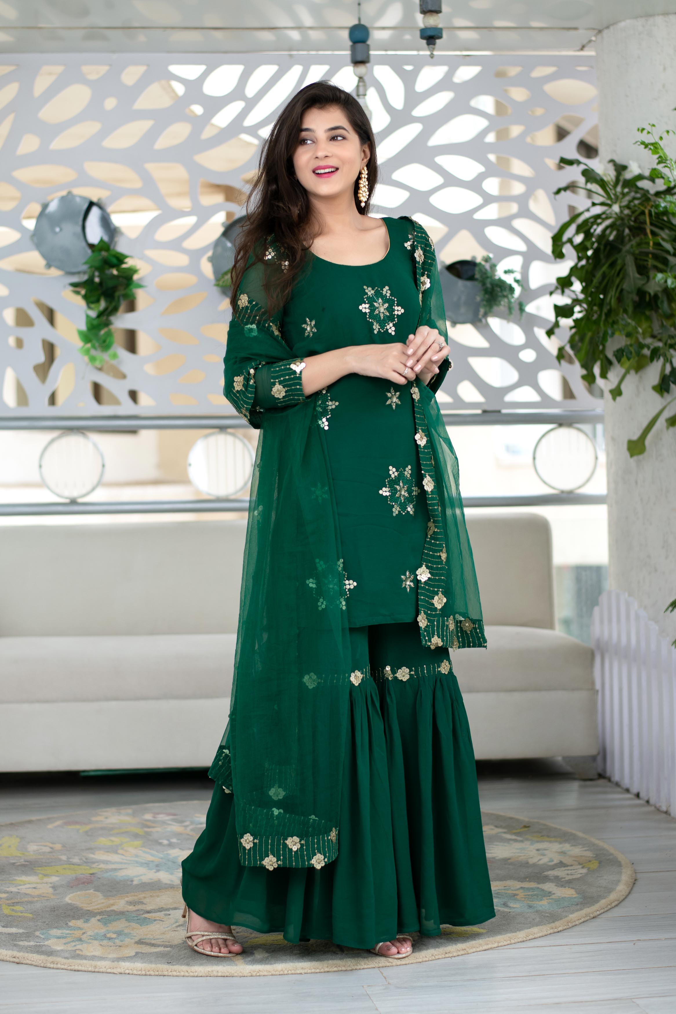 Women's Green Georgette Sharara Suit Set With Net Dupatta