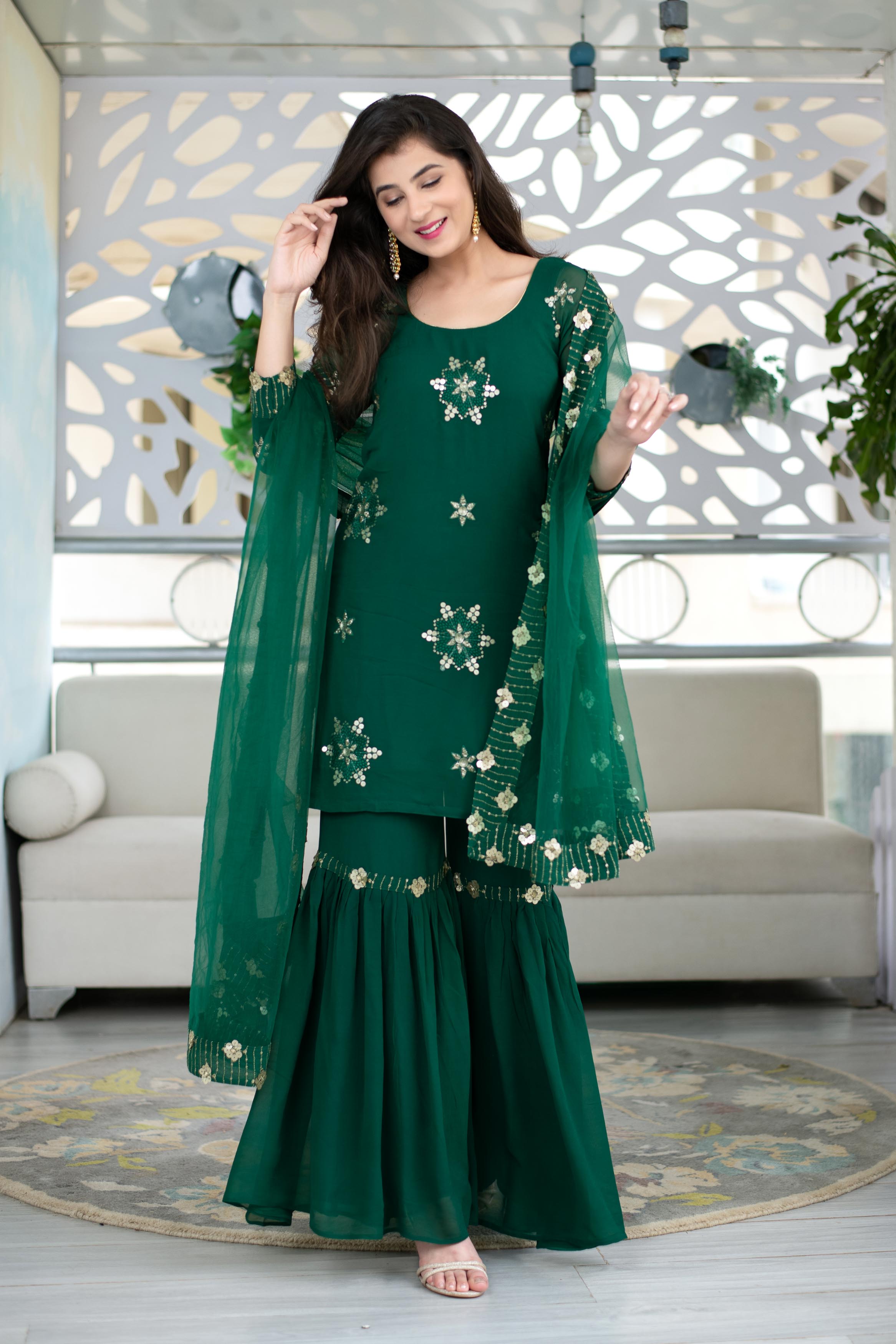 Buy Women's Green Georgette Sharara Suit Set With Net Dupatta - Label Shaurya Sandhya | Trendia Green / 2XL Buy Women's Green Georgette Sharara Suit Set With Net Dupatta - Label Shaurya Sandhya | Trendia Green / 2XL