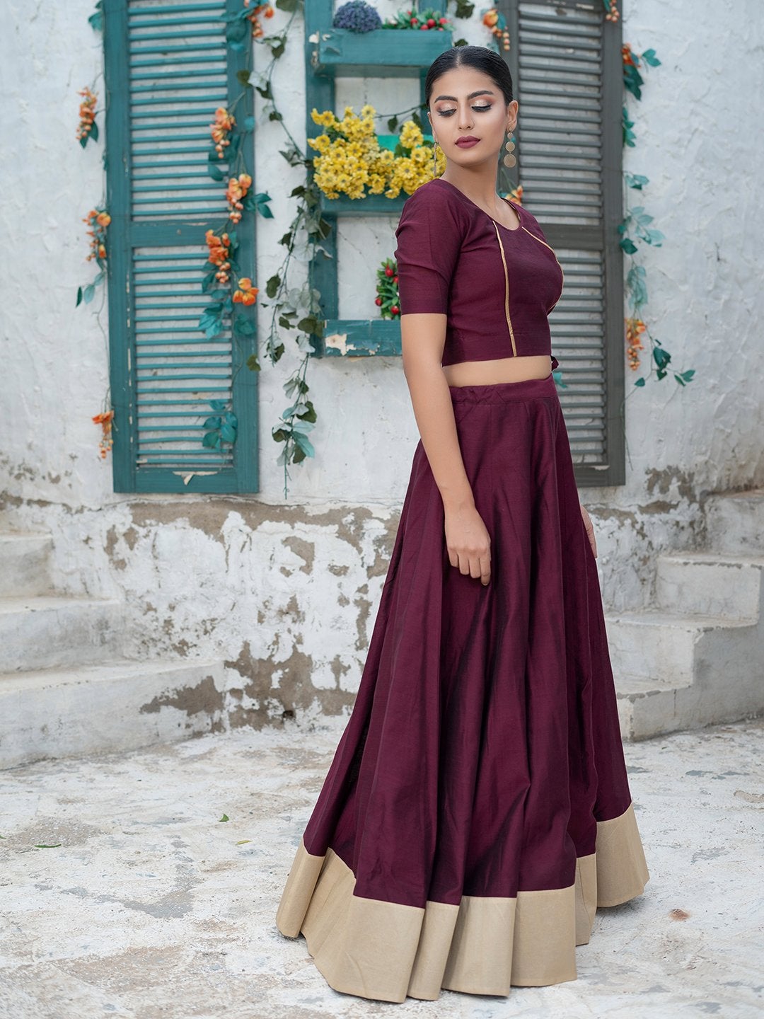 Women's Solid Stitched Maroon Lehenga Choli(2pc) - Indian Virasat