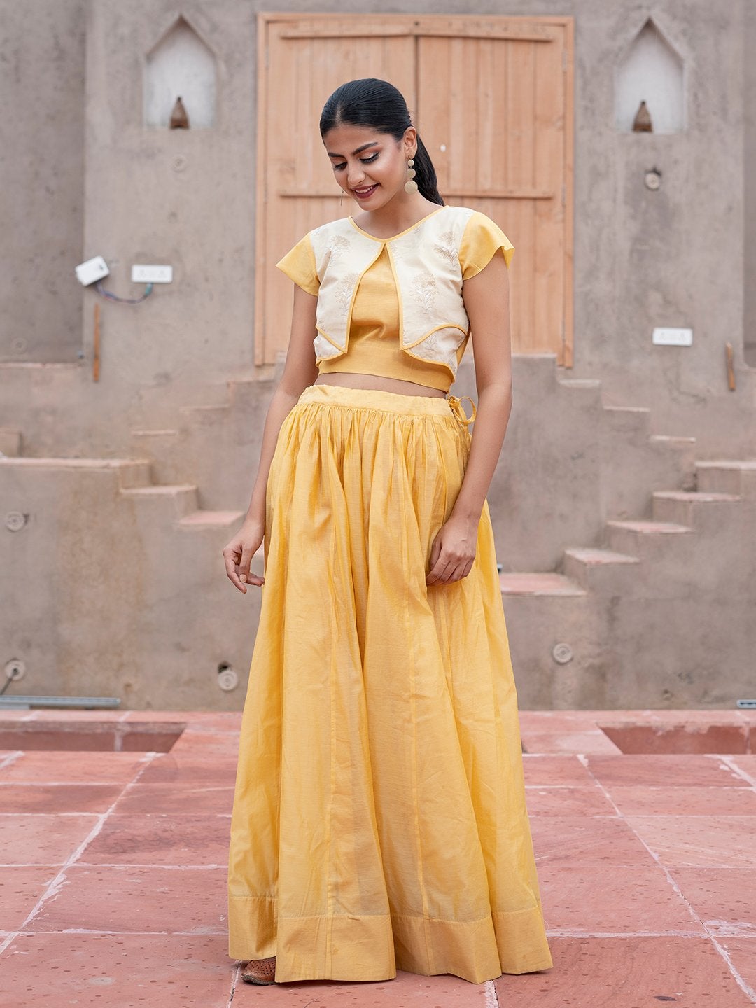 Women's Yellow Solid Stitched Lehenga Choli(2pc) - Indian Virasat