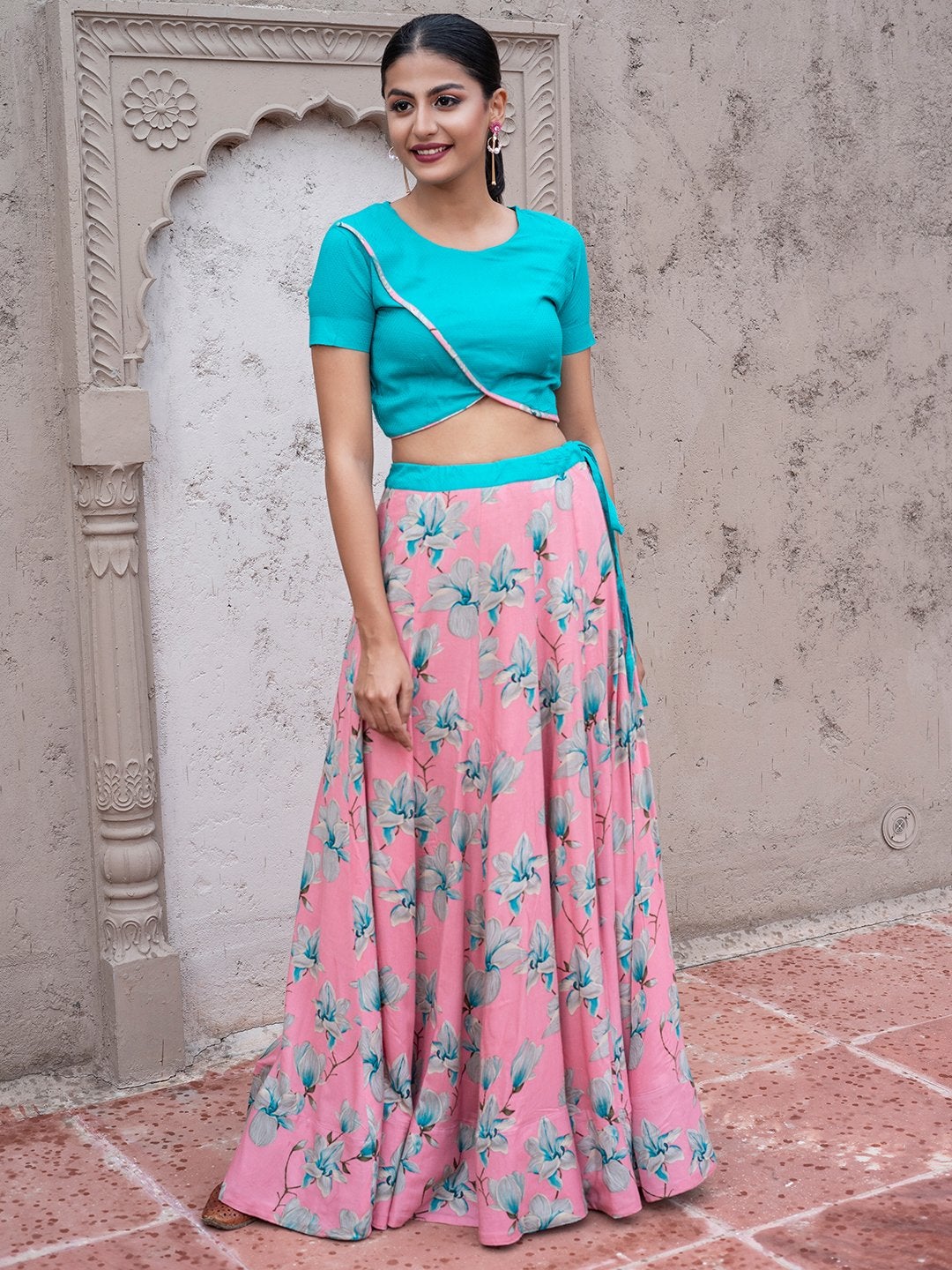 Women's Pink & Turquoise Blue Ready to Wear Lehenga & Blouse(2pc) - Indian Virasat