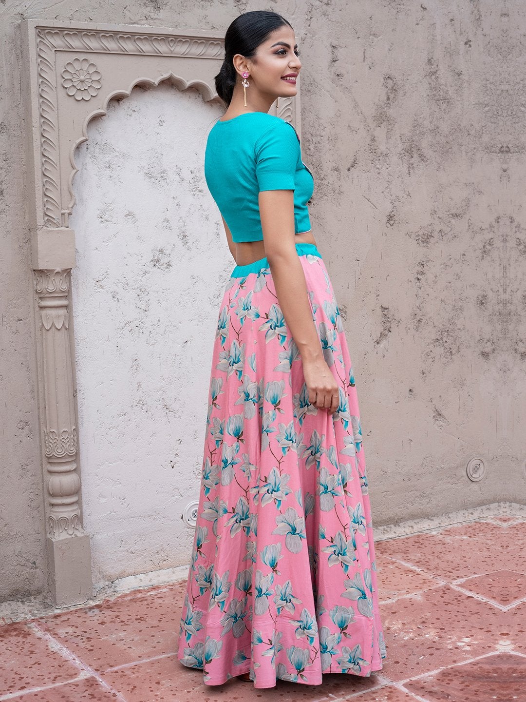 Women's Pink & Turquoise Blue Ready to Wear Lehenga & Blouse(2pc) - Indian Virasat