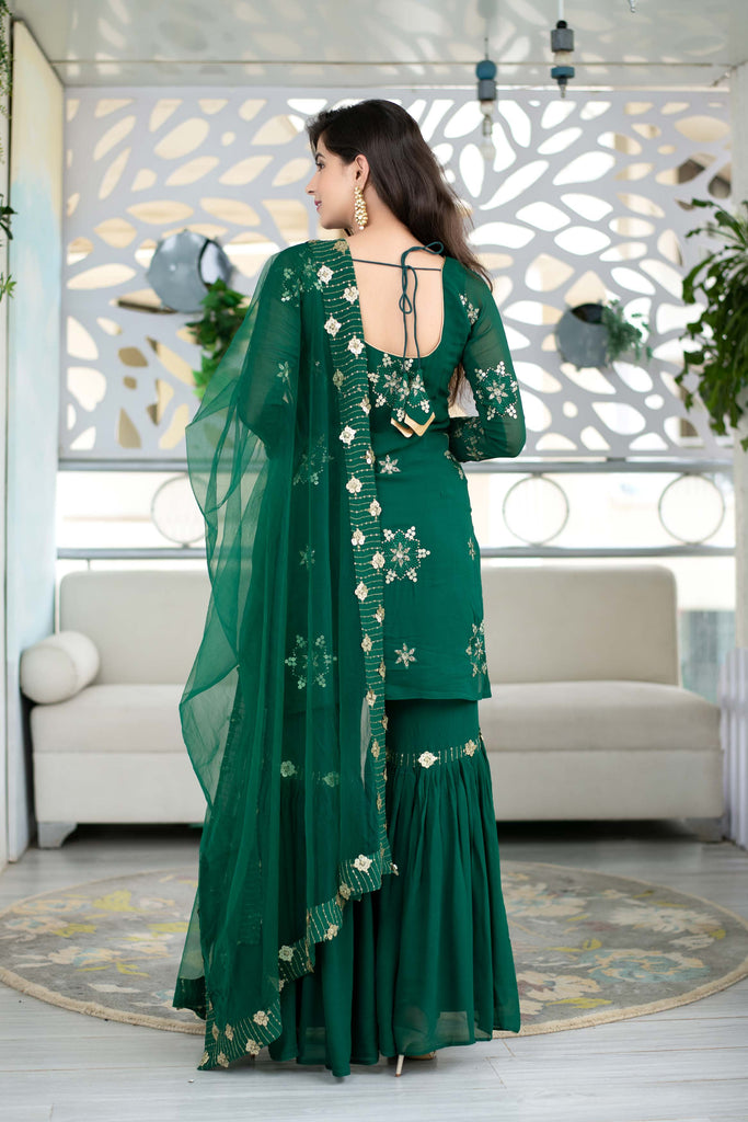 Women's Green Georgette Sharara Suit Set With Net Dupatta