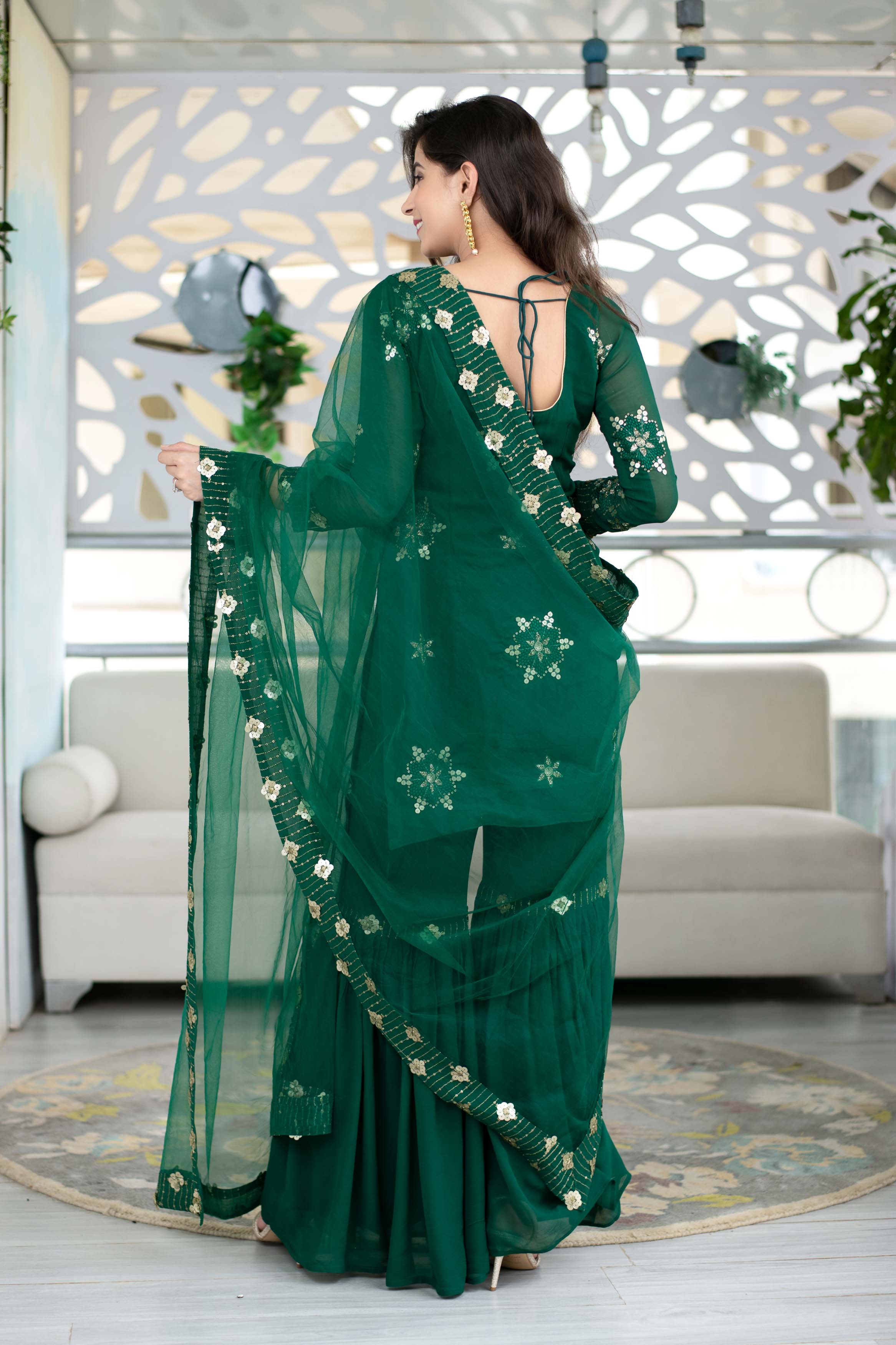 Women's Green Georgette Sharara Suit Set With Net Dupatta - Label Shaurya Sanadhya