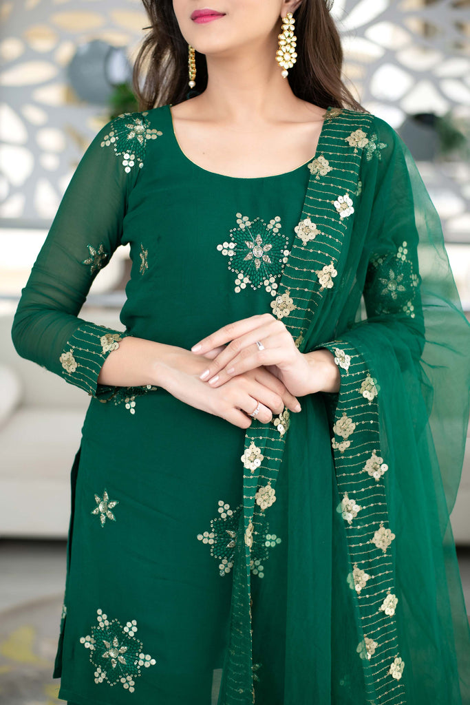Women's Green Georgette Sharara Suit Set With Net Dupatta