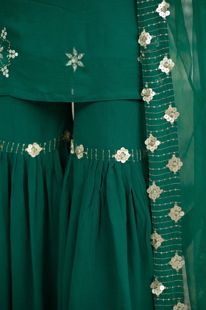 Women's Green Georgette Sharara Suit Set With Net Dupatta