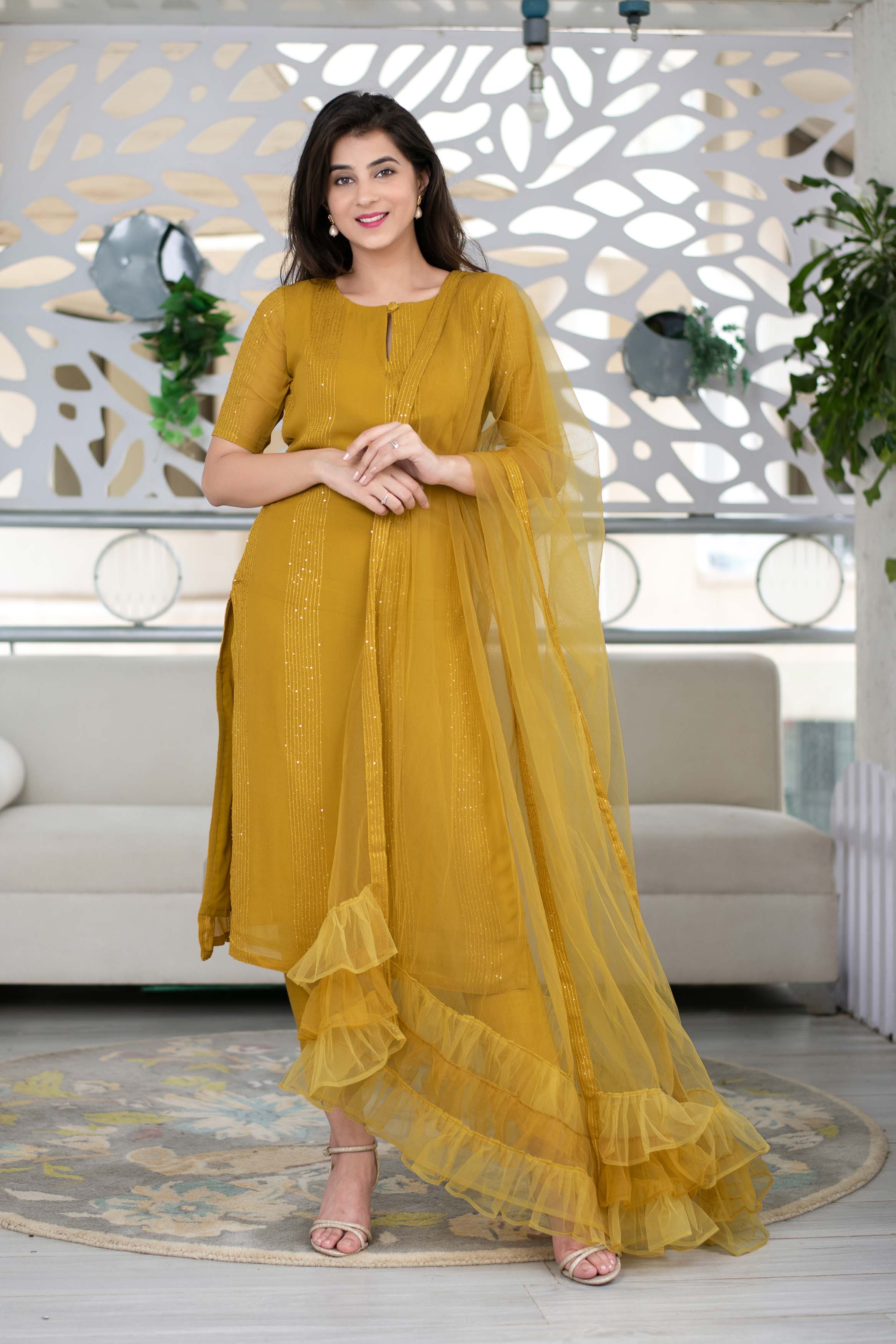 Women's Mustard Sequin Kurta With Ruffle Dupatta (3-Piece Set)